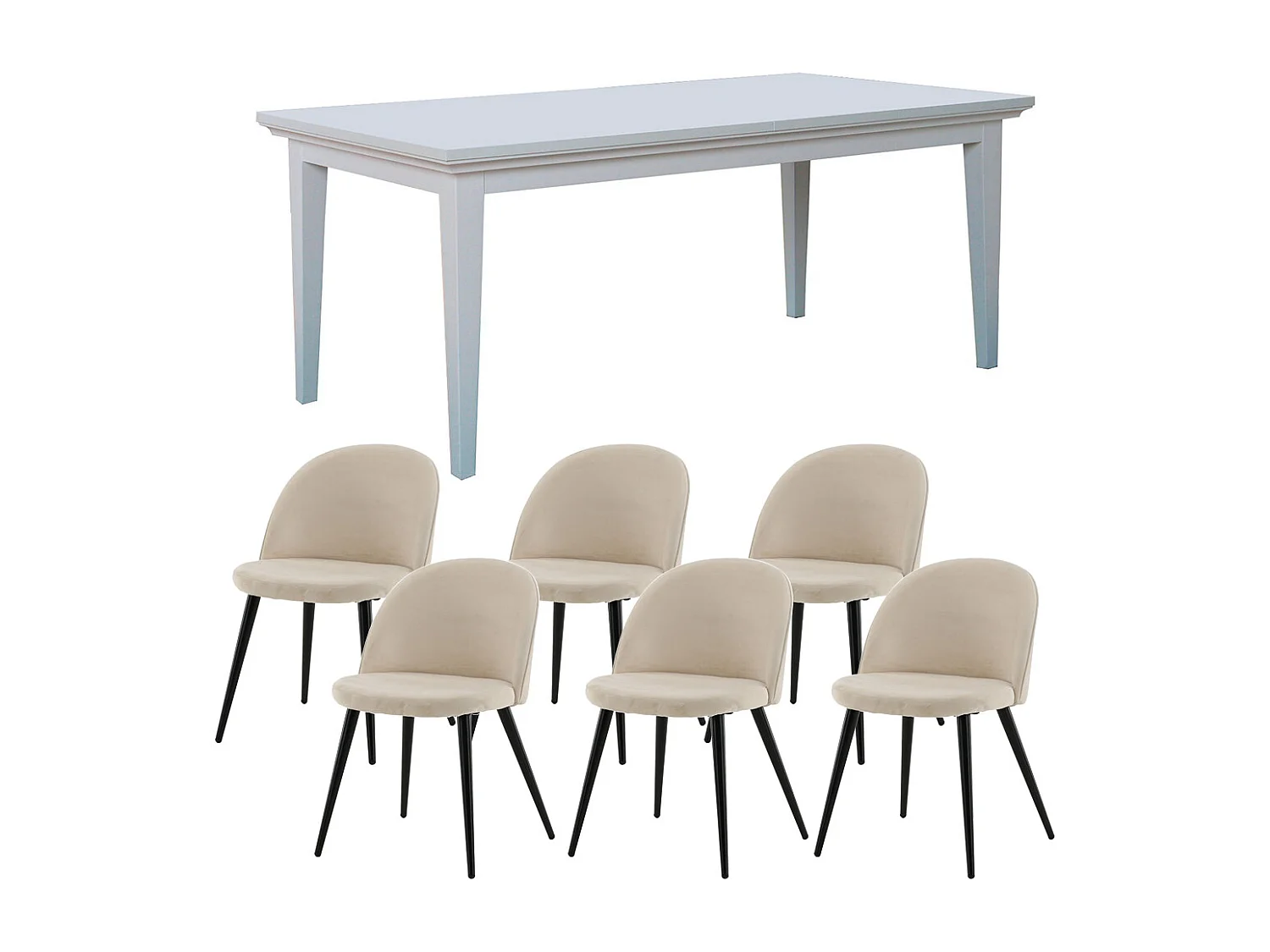 Venedig ensemble pour salle à manger table à manger blanc 95x180/276 avec 2 plateaux supplémentaires 6 chaises velours beige.