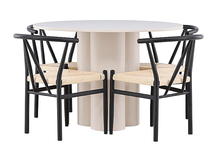 Olivia ensemble pour salle à manger table Ø110cm et 4 chaises avec accoudoirs empilables beige.