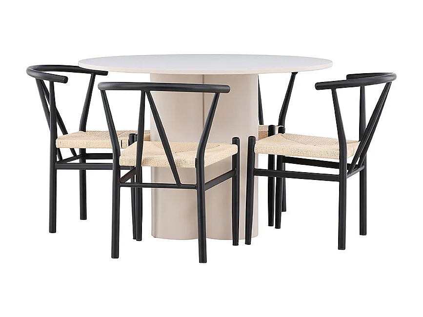 Olivia ensemble pour salle à manger table Ø110cm et 4 chaises avec accoudoirs empilables beige.