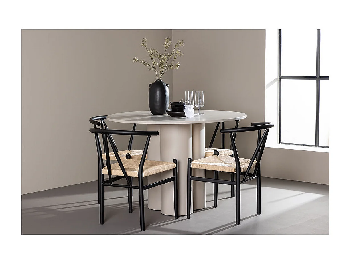 Olivia ensemble pour salle à manger table Ø110cm et 4 chaises avec accoudoirs empilables beige.