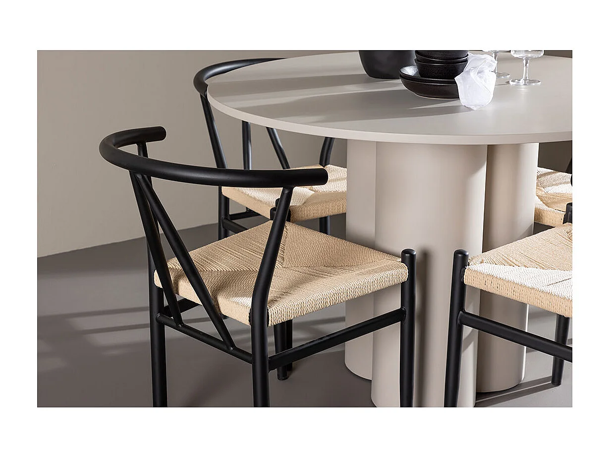 Olivia ensemble pour salle à manger table Ø110cm et 4 chaises avec accoudoirs empilables beige.
