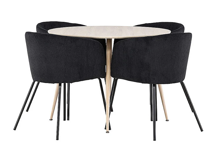 Plaza ensemble pour salle à manger table Ø100cm et 4 chaises velours avec accoudoirs whitewash.