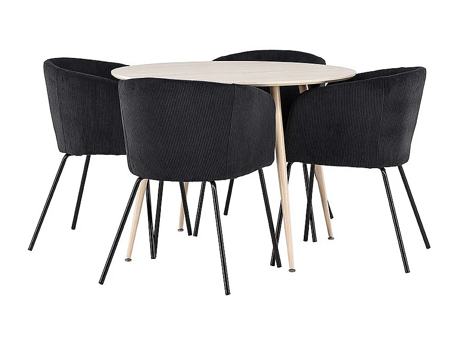 Plaza ensemble pour salle à manger table Ø100cm et 4 chaises velours avec accoudoirs whitewash.
