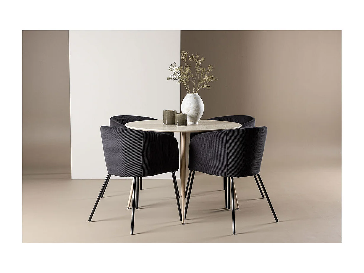 Plaza ensemble pour salle à manger table Ø100cm et 4 chaises velours avec accoudoirs whitewash.