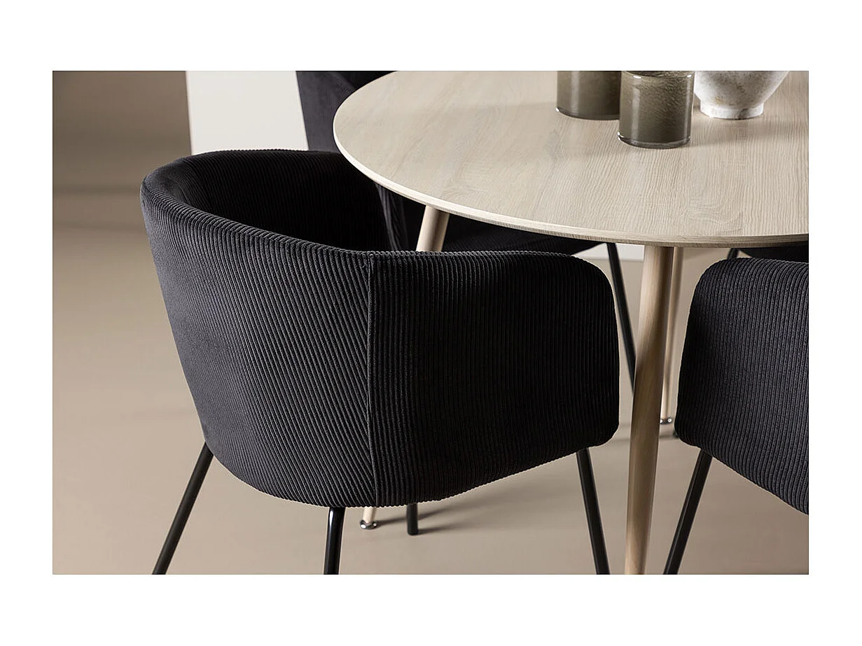 Plaza ensemble pour salle à manger table Ø100cm et 4 chaises velours avec accoudoirs whitewash.
