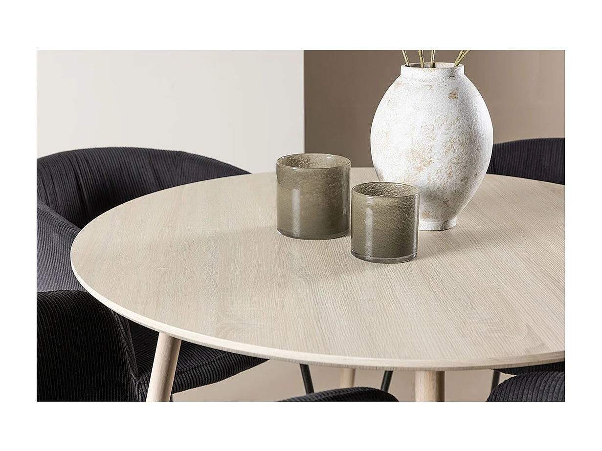 Plaza ensemble pour salle à manger table Ø100cm et 4 chaises velours avec accoudoirs whitewash.