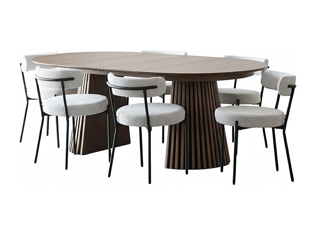 Tokyo ensemble pour salle à manger table à manger avec 2 rallonges Ø120x120-160-200 cm smoked et 6 chaises bouclé blanc.