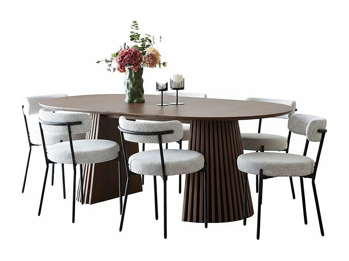 Tokyo ensemble pour salle à manger table à manger avec 2 rallonges Ø120x120-160-200 cm smoked et 6 chaises bouclé blanc.