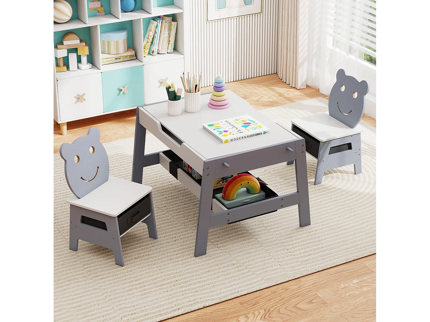 Tavolo per bambini 5 in 1 con 2 sedie a forma di orso Tavolo da pittura con lavagna reversibile e lavagna bianca Grigio