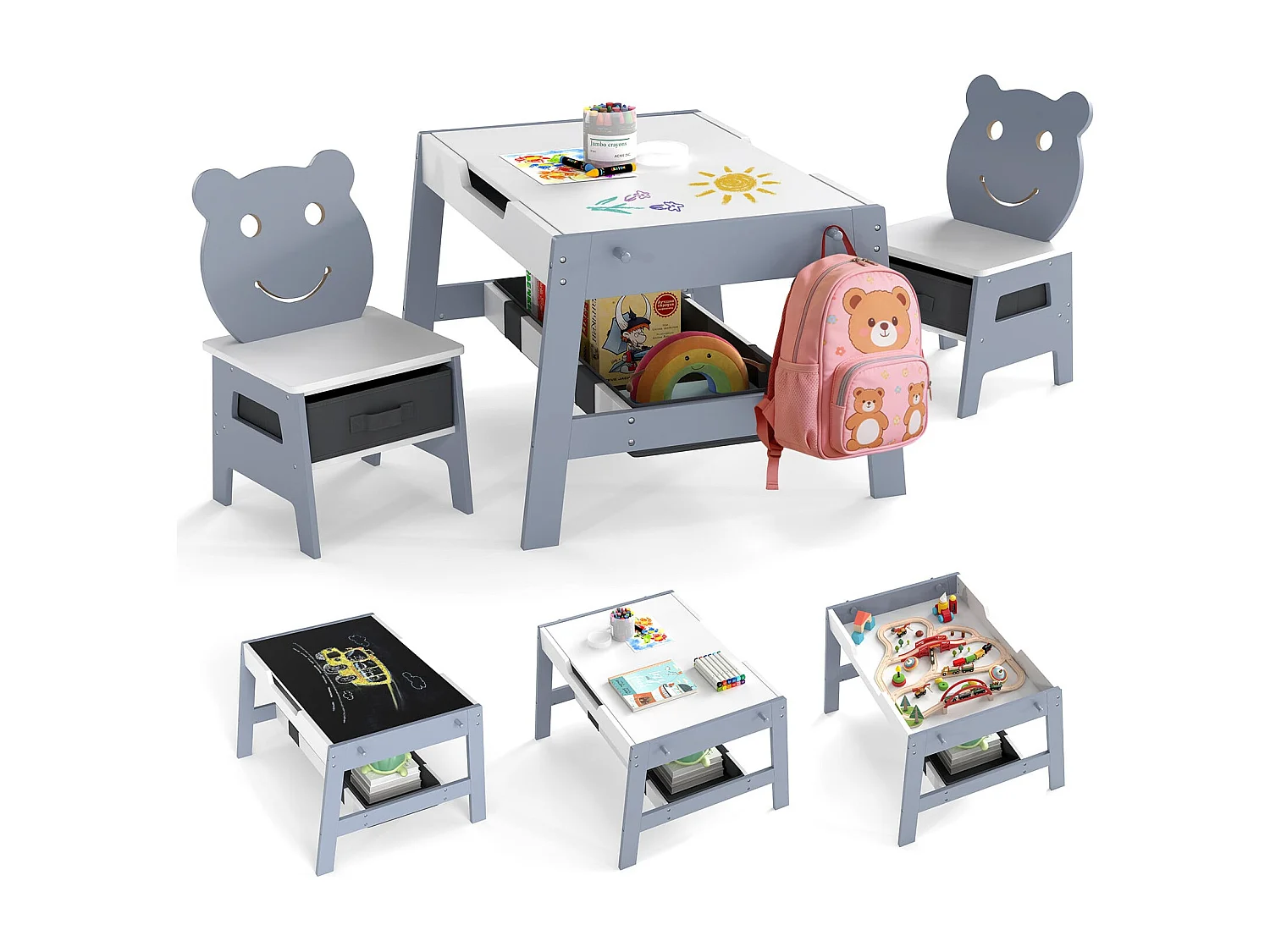 Tavolo per bambini 5 in 1 con 2 sedie a forma di orso Tavolo da pittura con lavagna reversibile e lavagna bianca Grigio