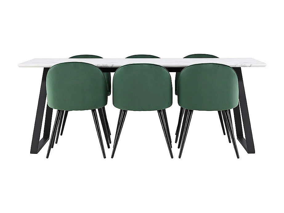 Malaga ensemble pour salle à manger table de salle à manger 90x200cm blanc et 6 Skagen chaise velours vert.