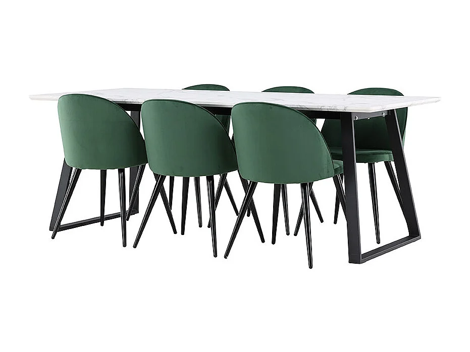 Malaga ensemble pour salle à manger table de salle à manger 90x200cm blanc et 6 Skagen chaise velours vert.