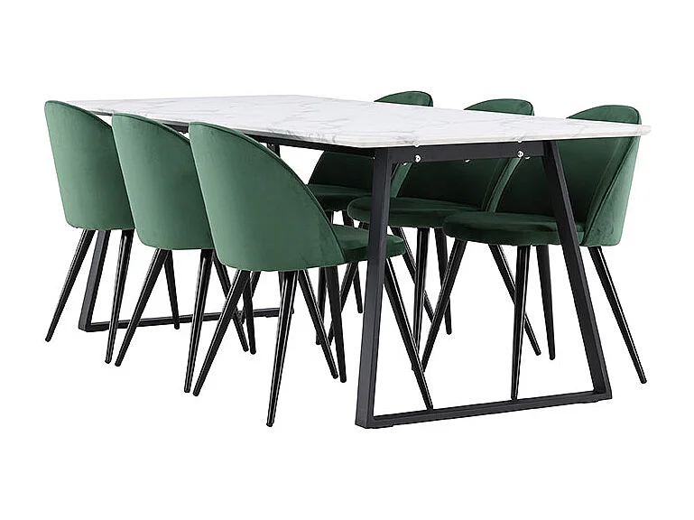Malaga ensemble pour salle à manger table de salle à manger 90x200cm blanc et 6 Skagen chaise velours vert.