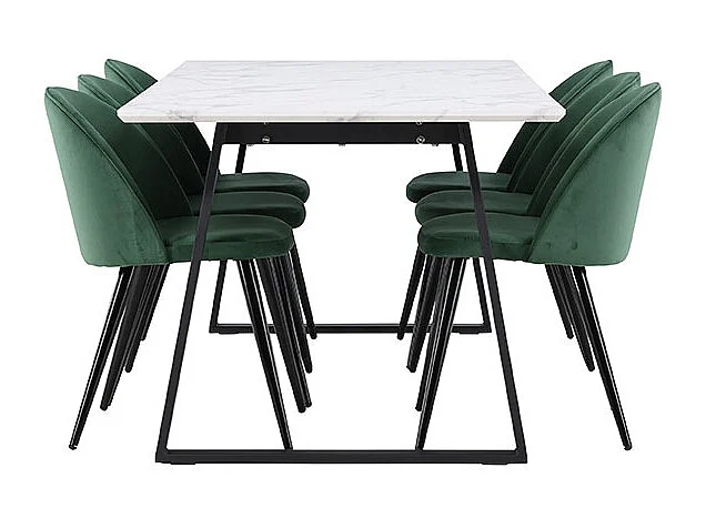 Malaga ensemble pour salle à manger table de salle à manger 90x200cm blanc et 6 Skagen chaise velours vert.