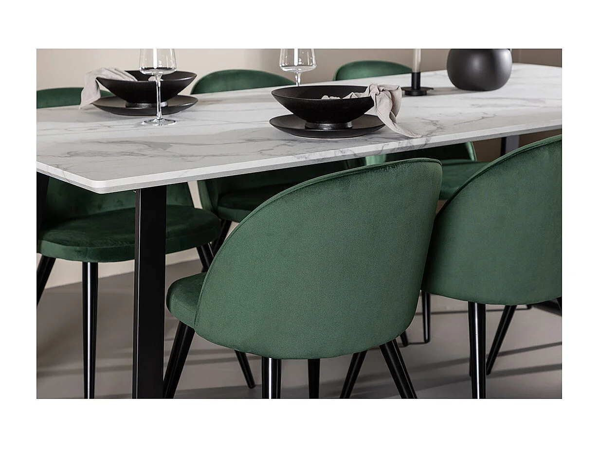 Malaga ensemble pour salle à manger table de salle à manger 90x200cm blanc et 6 Skagen chaise velours vert.
