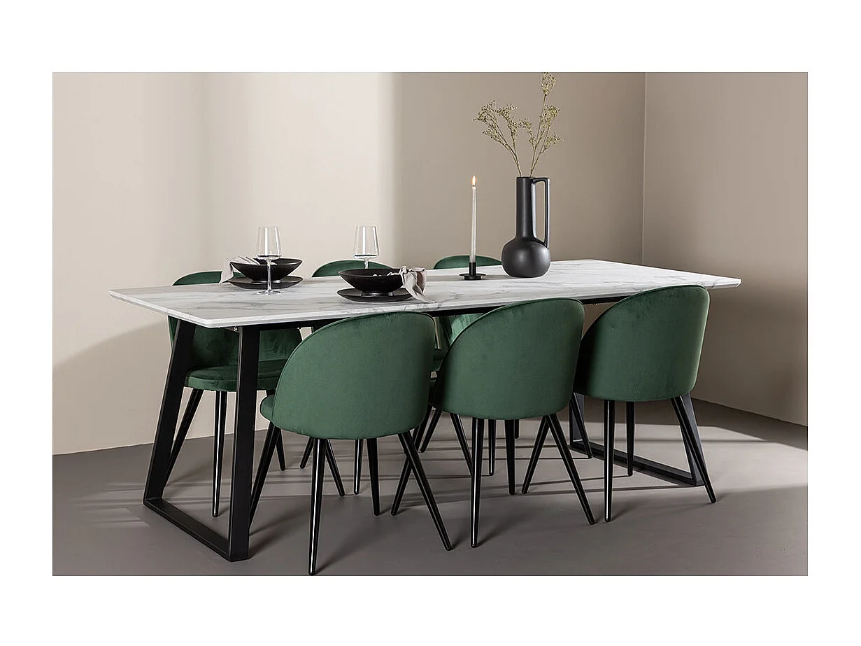 Malaga ensemble pour salle à manger table de salle à manger 90x200cm blanc et 6 Skagen chaise velours vert.