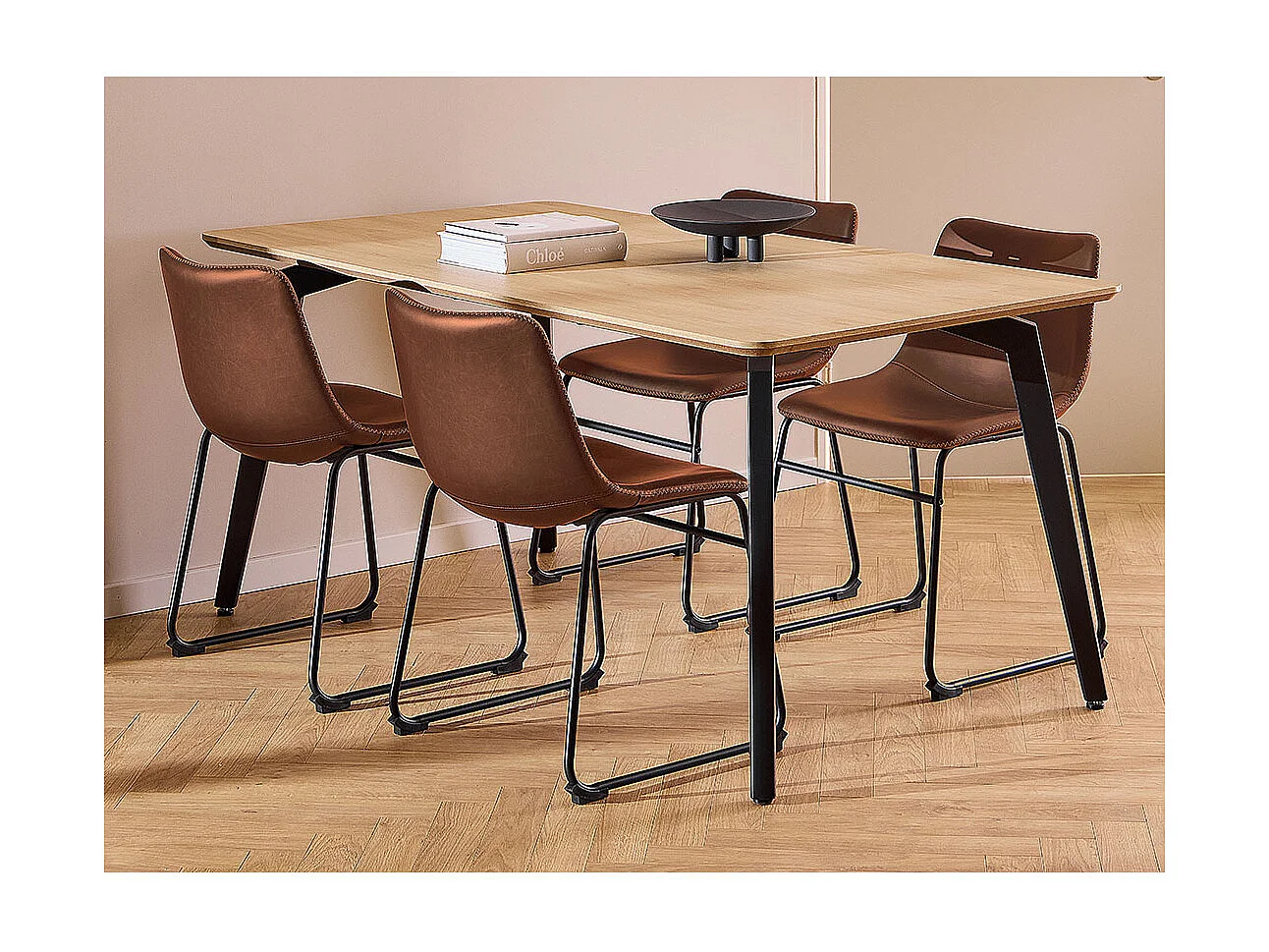 Cadiz Essgruppe Tisch mit 4 Stühlen PU-Kunstleder natur, cognac.