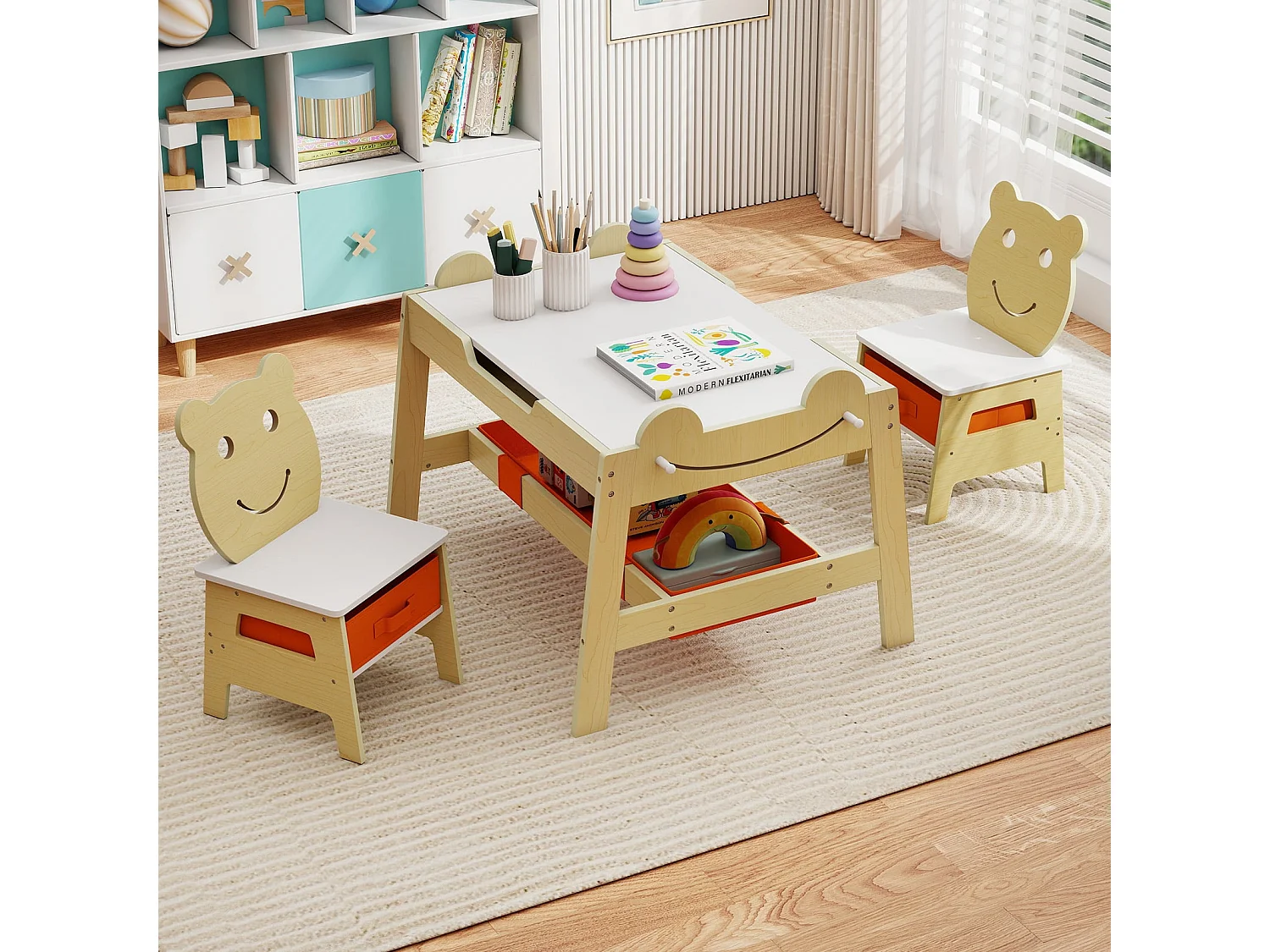 Table Enfant avec 2 Chaises Bureau Enfant 5 en 1 avec Tableau Noir/Blanc Réversible 4 Crochets Table d'Activité pour 3-10 Ans Naturel