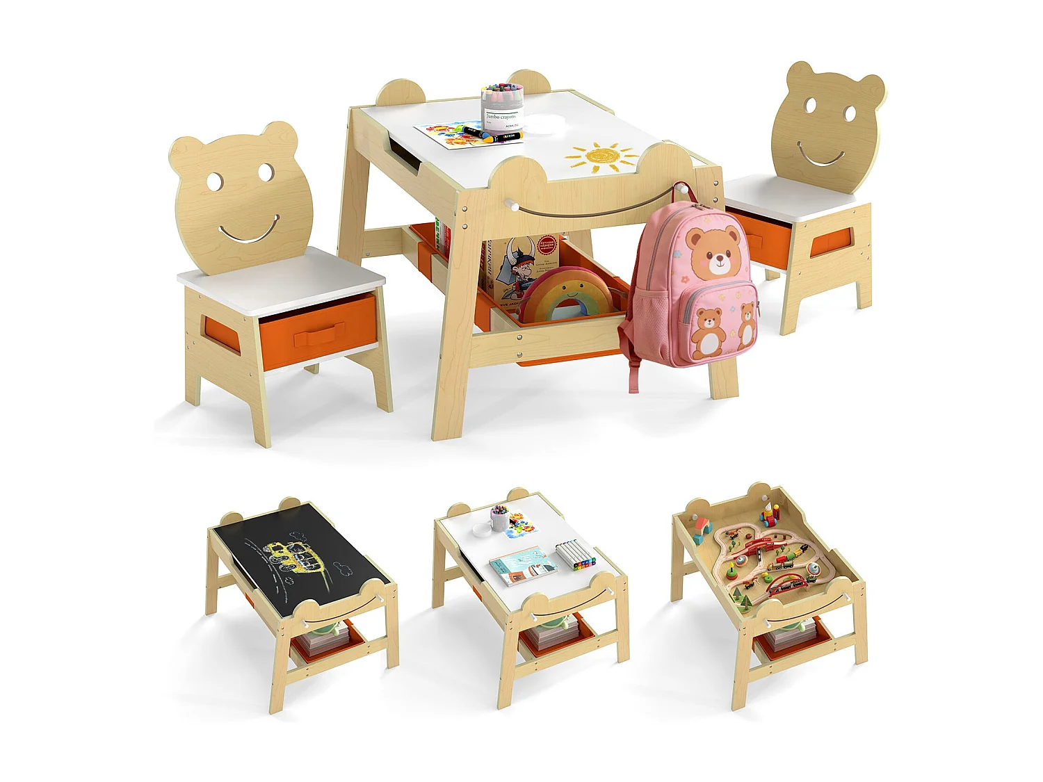 Table Enfant avec 2 Chaises Bureau Enfant 5 en 1 avec Tableau Noir/Blanc Réversible 4 Crochets Table d'Activité pour 3-10 Ans Naturel