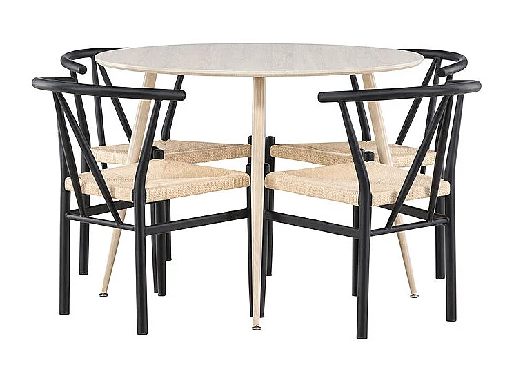 Plaza ensemble pour salle à manger table Ø100cm et 4 chaises avec accoudoirs empilables whitewash.