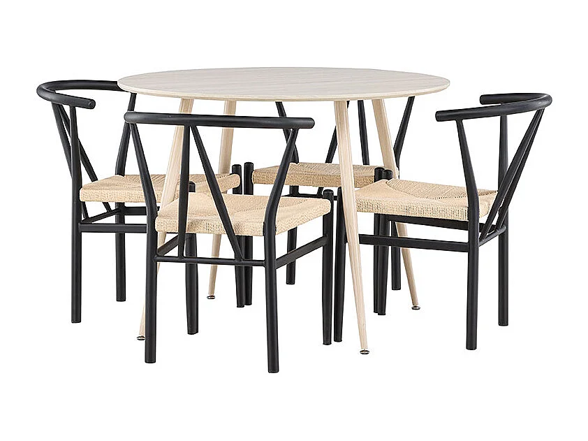 Plaza ensemble pour salle à manger table Ø100cm et 4 chaises avec accoudoirs empilables whitewash.