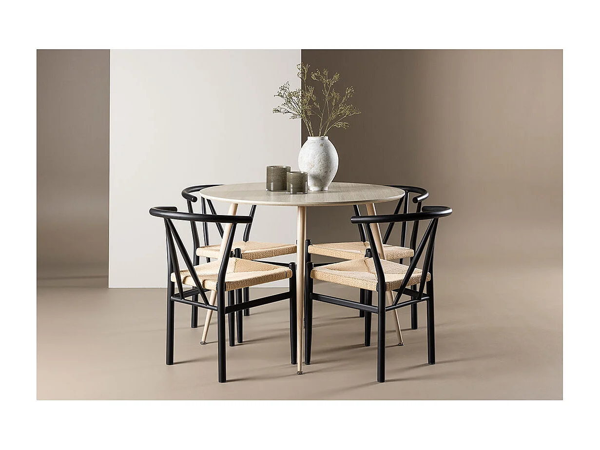 Plaza ensemble pour salle à manger table Ø100cm et 4 chaises avec accoudoirs empilables whitewash.