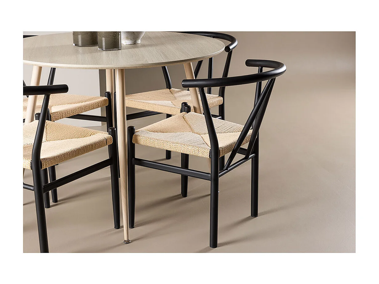 Plaza ensemble pour salle à manger table Ø100cm et 4 chaises avec accoudoirs empilables whitewash.