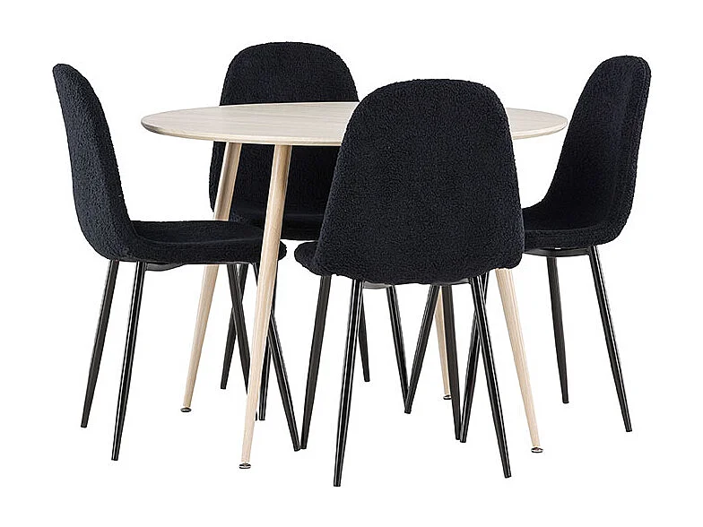 Plaza ensemble pour salle à manger table Ø100cm et 4 chaises teddy whitewash.