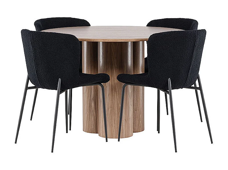 Olivia ensemble pour salle à manger table Ø110cm et 4 chaises teddy brun.