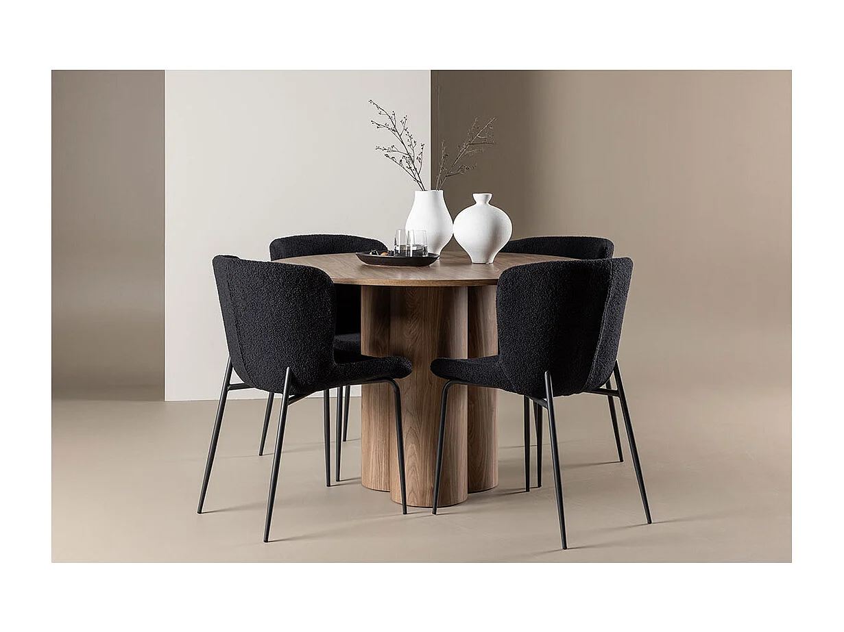 Olivia ensemble pour salle à manger table Ø110cm et 4 chaises teddy brun.
