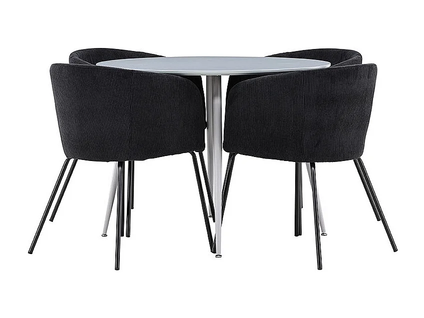 Plaza ensemble pour salle à manger table Ø100cm et 4 chaises velours avec accoudoirs gris.