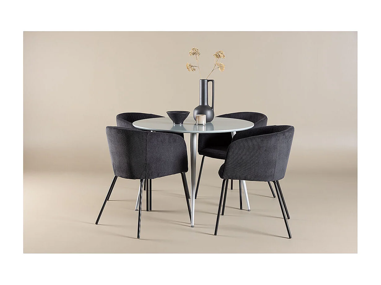 Plaza ensemble pour salle à manger table Ø100cm et 4 chaises velours avec accoudoirs gris.