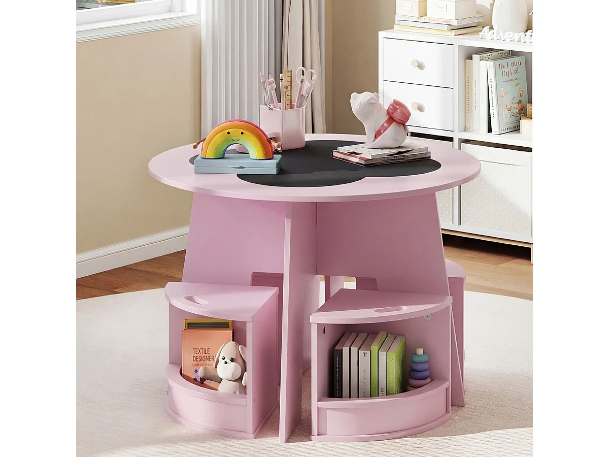 Maltisch für Kinderzimmer Kindertisch und Stuhl Set rund 5 teilige Kindersitzgruppe Rosa