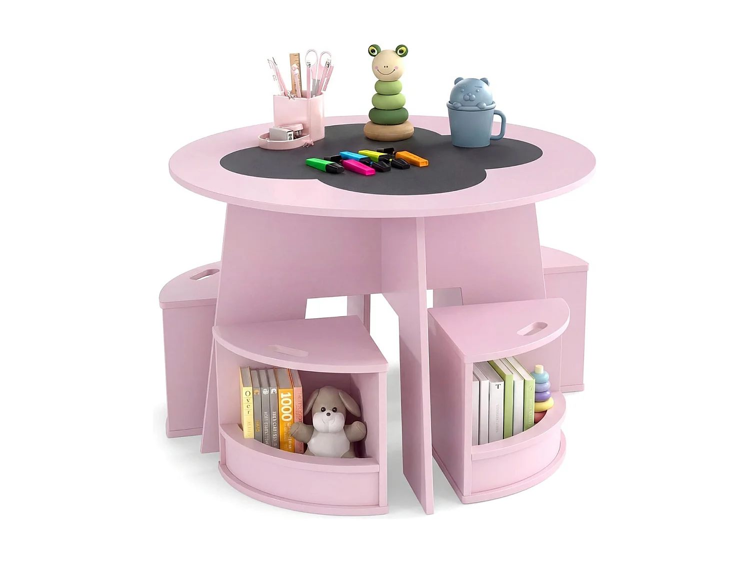 Maltisch für Kinderzimmer Kindertisch und Stuhl Set rund 5 teilige Kindersitzgruppe Rosa