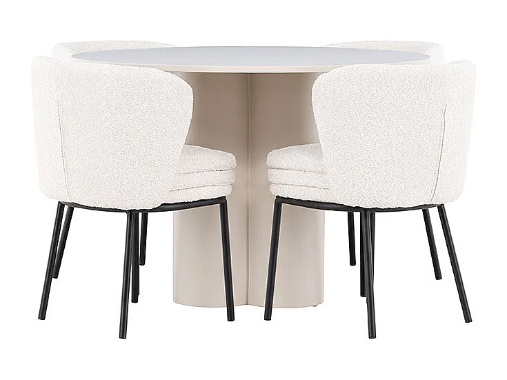 Olivia ensemble pour salle à manger table Ø110cm et 4 chaises bouclé beige.