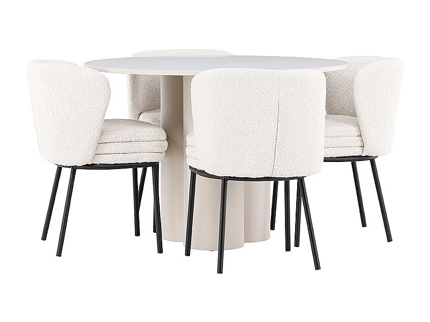 Olivia ensemble pour salle à manger table Ø110cm et 4 chaises bouclé beige.