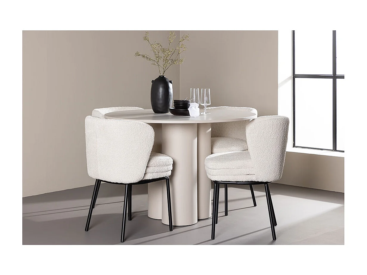 Olivia ensemble pour salle à manger table Ø110cm et 4 chaises bouclé beige.
