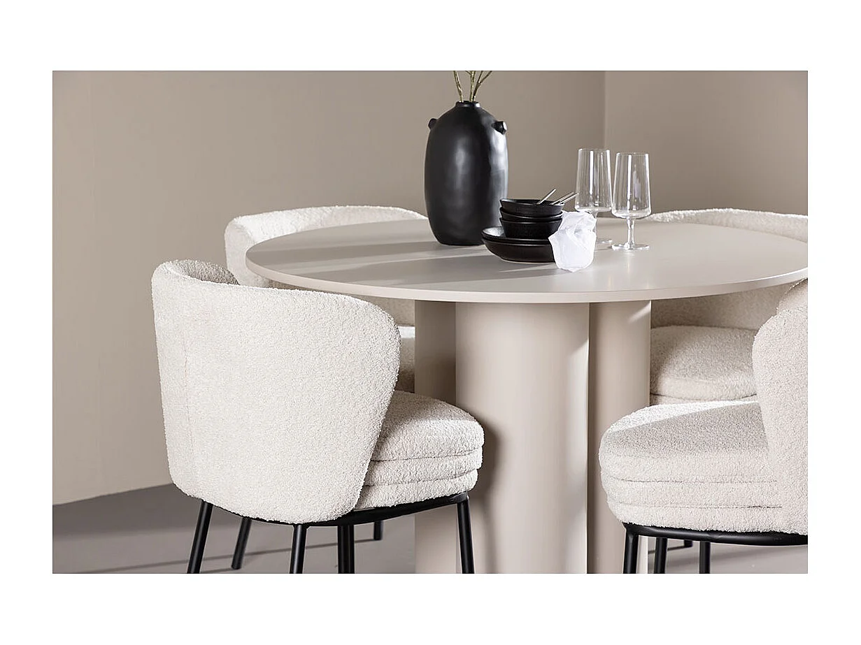 Olivia ensemble pour salle à manger table Ø110cm et 4 chaises bouclé beige.