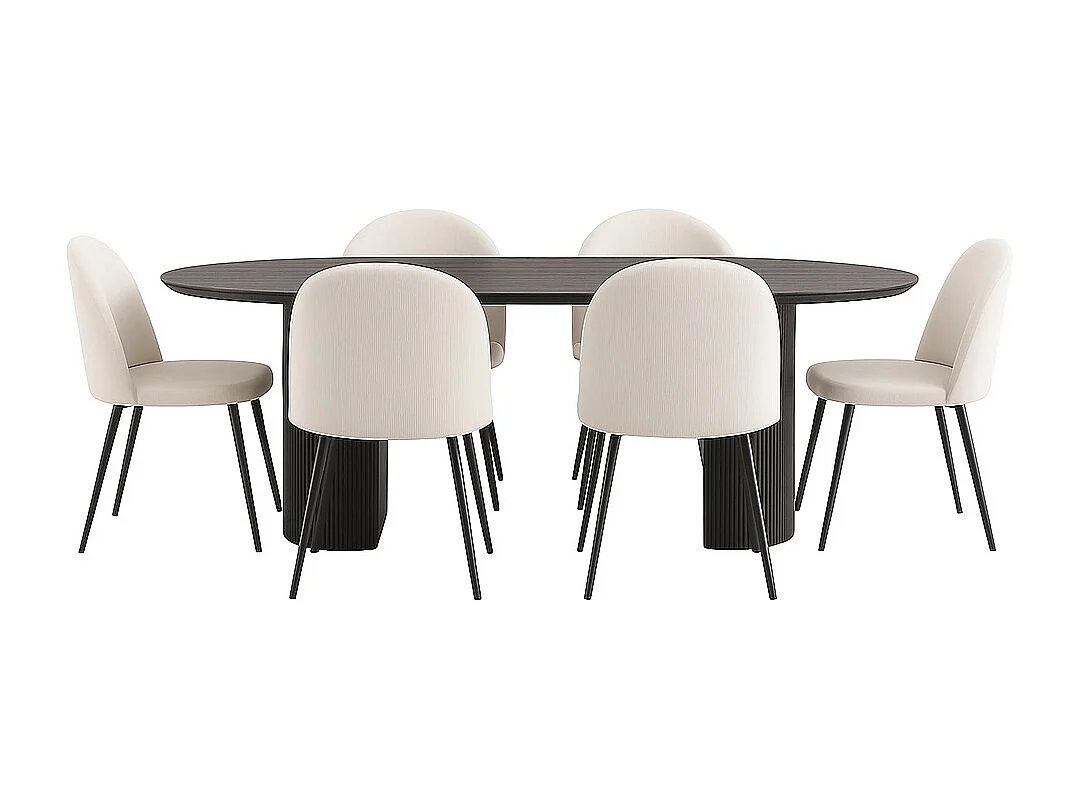 Kyoto ensemble de table à manger table à manger brun foncé, 6 chaises en velours côtelé beige.