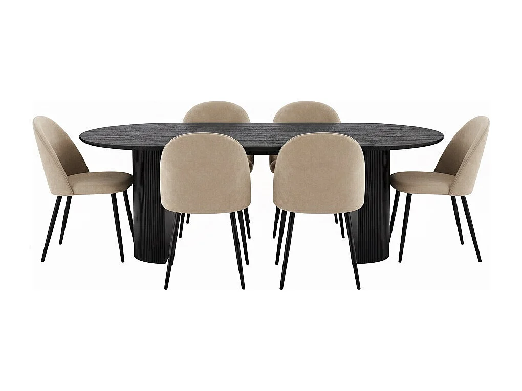 Kyoto ensemble de table à manger table à manger brun foncé, 6 chaises en velours beige.