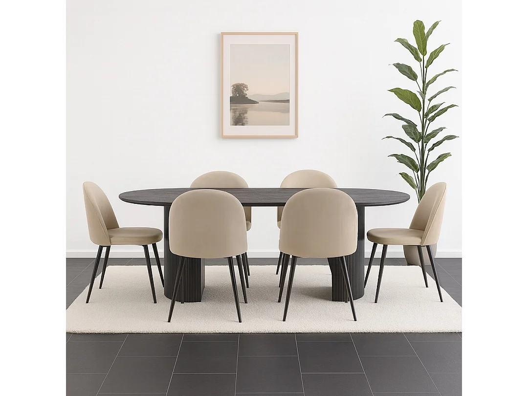 Kyoto ensemble de table à manger table à manger brun foncé, 6 chaises en velours beige.
