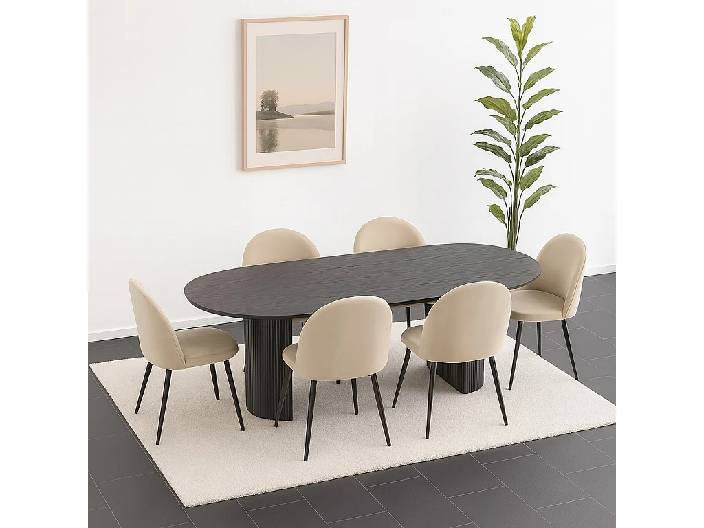 Kyoto ensemble de table à manger table à manger brun foncé, 6 chaises en velours beige.
