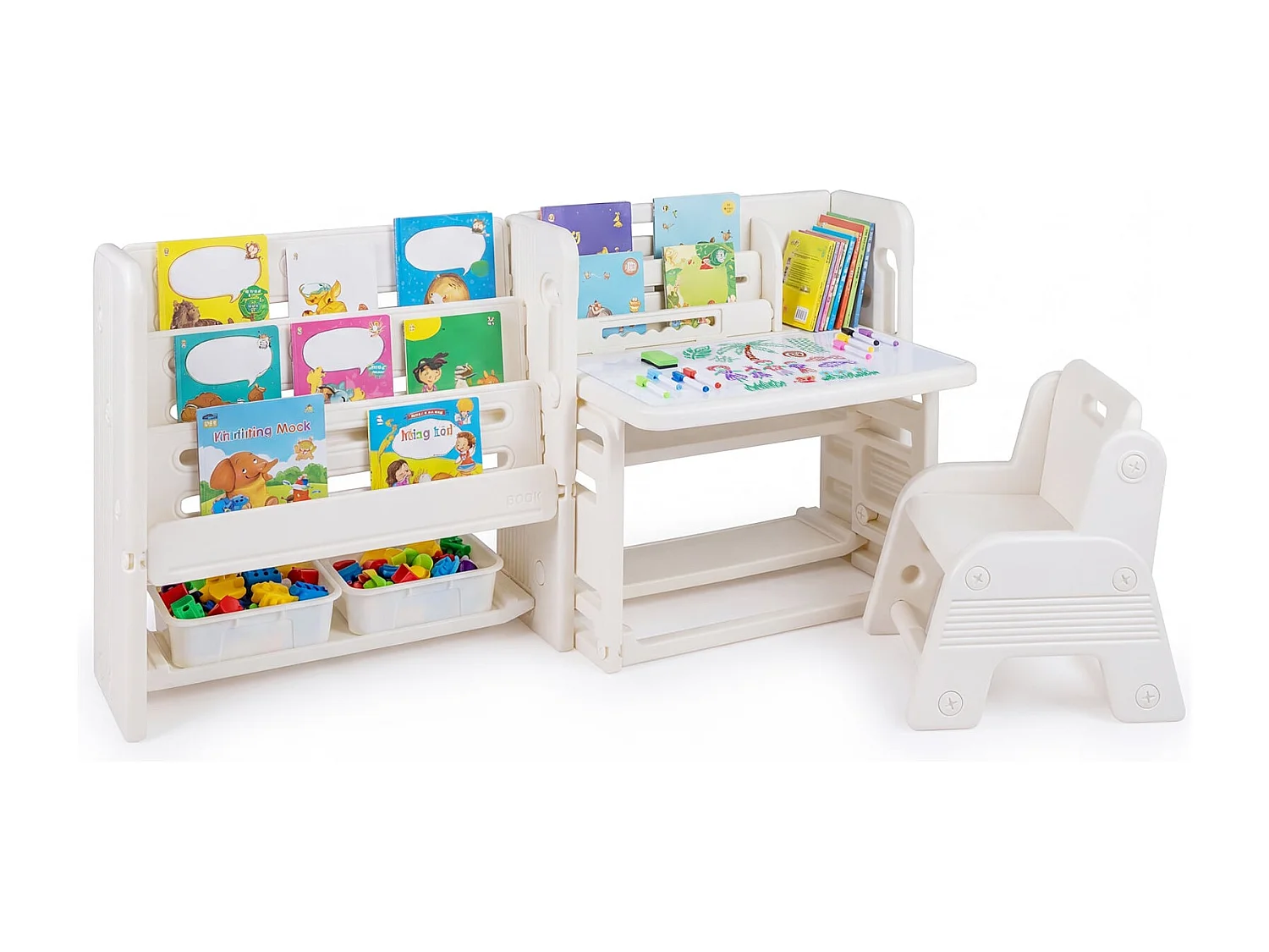 Set 4 in 1 di tavolo e sedie per bambini Tavolo per bambini con scaffali, lavagna e 2 contenitori Tavolo per dipingere