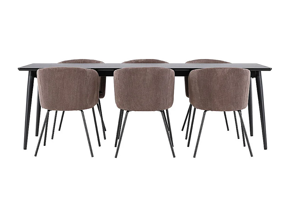 Ellis ensemble pour salle à manger table 85x230cm et 6 chaises velours avec accoudoirs noir.