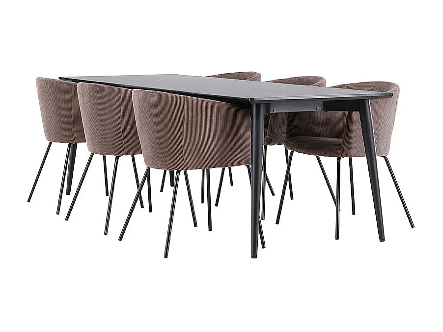 Ellis ensemble pour salle à manger table 85x230cm et 6 chaises velours avec accoudoirs noir.