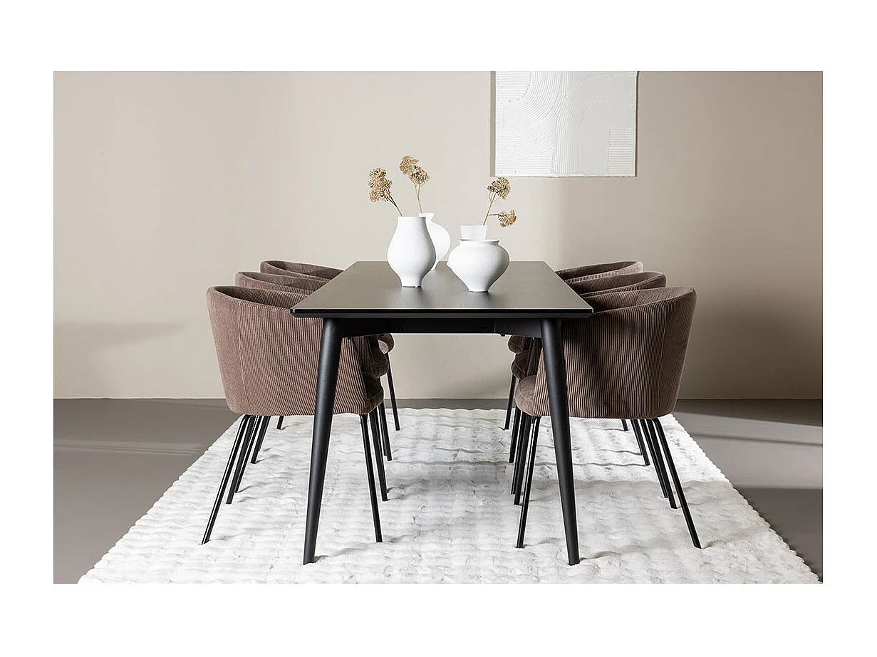 Ellis ensemble pour salle à manger table 85x230cm et 6 chaises velours avec accoudoirs noir.