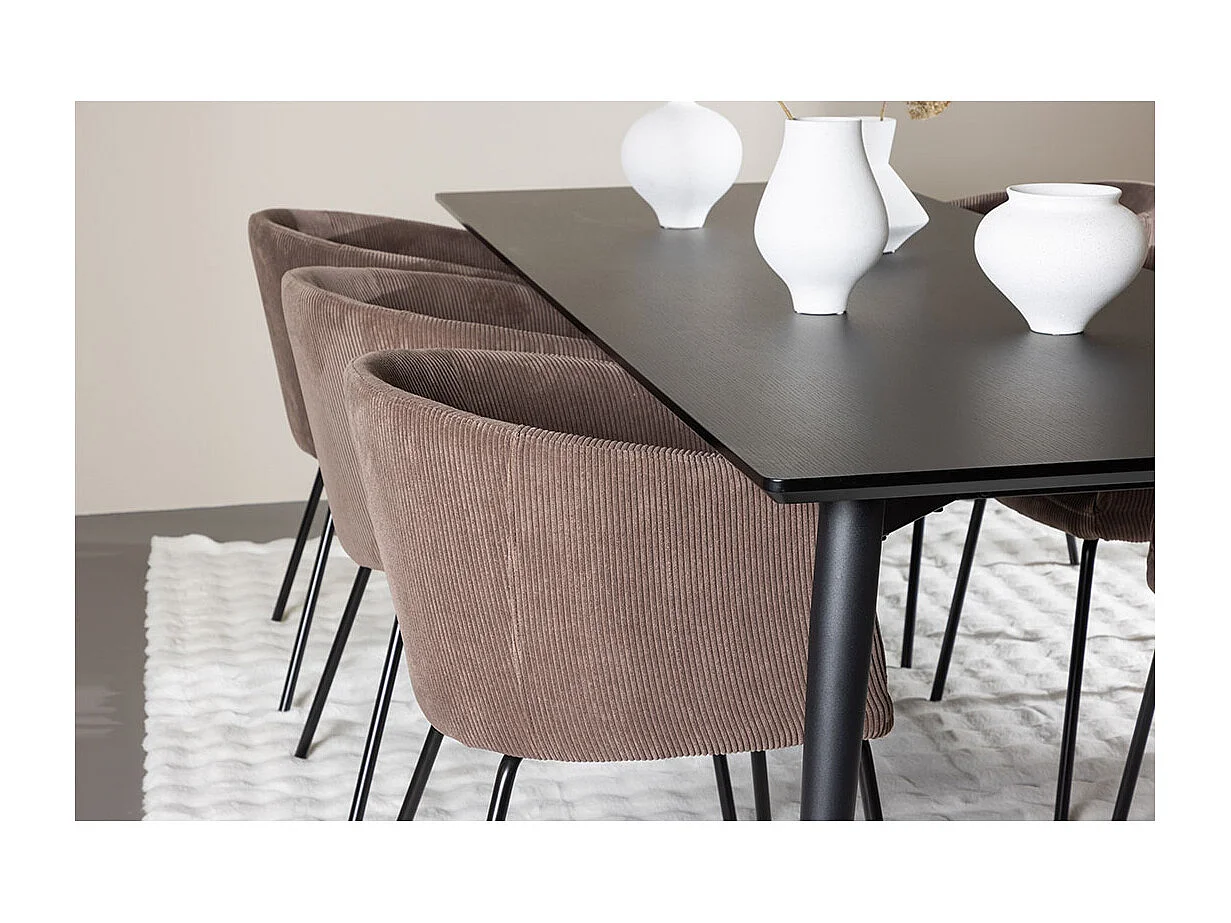 Ellis ensemble pour salle à manger table 85x230cm et 6 chaises velours avec accoudoirs noir.
