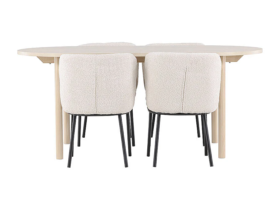 Andy ensemble pour salle à manger table 90x180cm et 4 chaises bouclé whitewash.