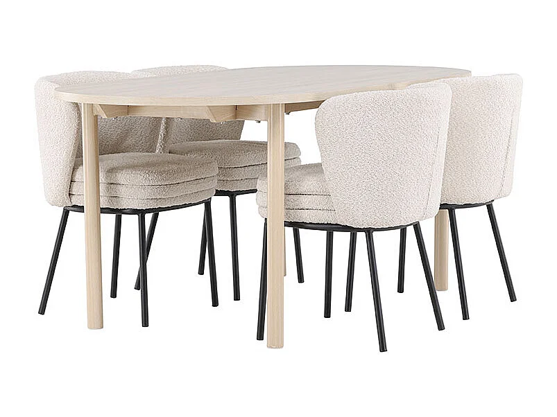 Andy ensemble pour salle à manger table 90x180cm et 4 chaises bouclé whitewash.