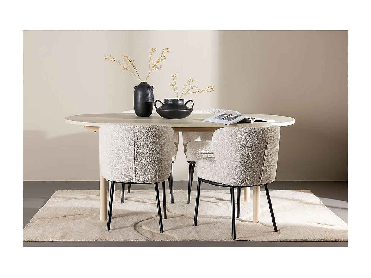 Andy ensemble pour salle à manger table 90x180cm et 4 chaises bouclé whitewash.